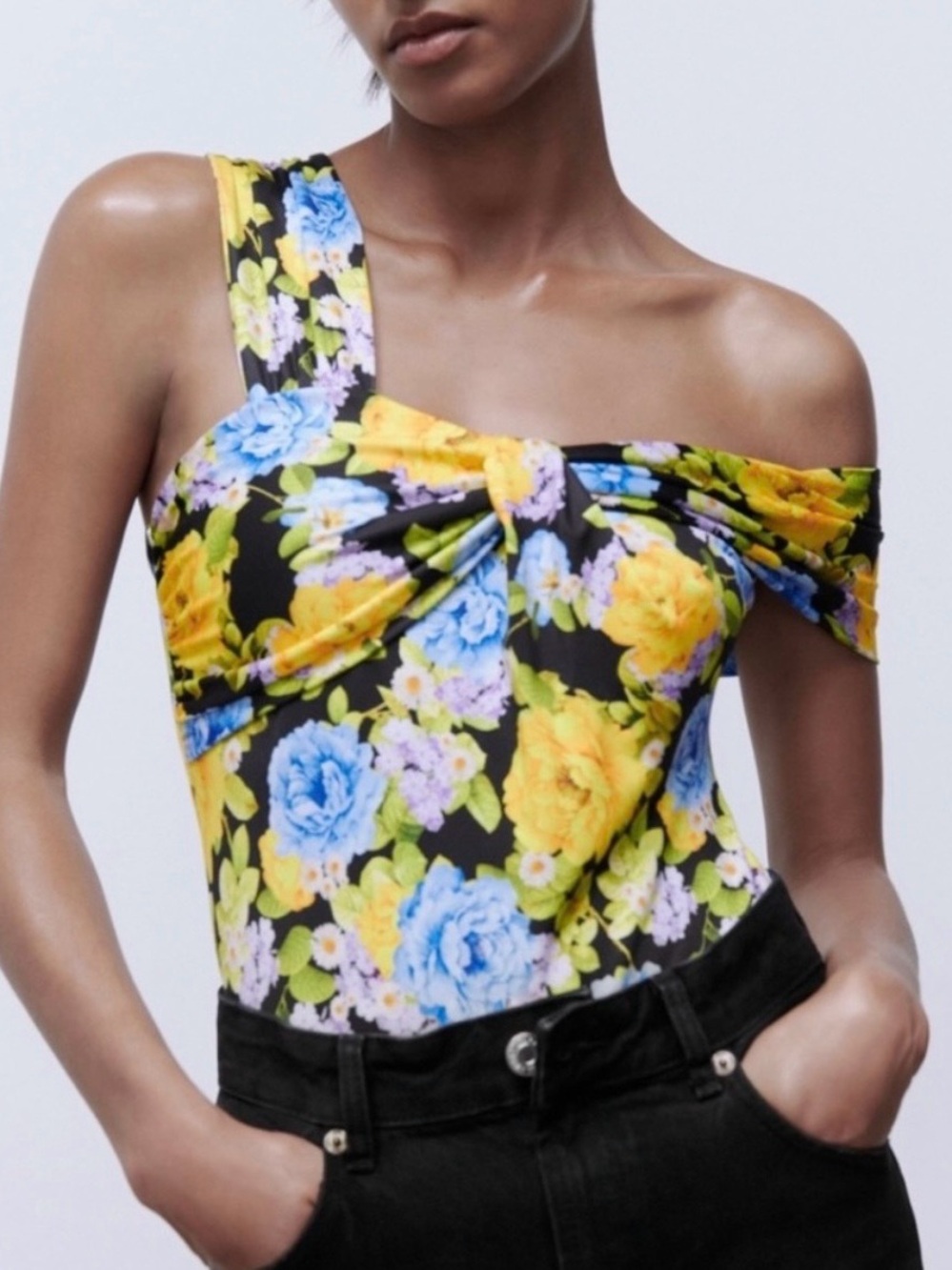 Zara One-Shoulder Floral Twist Bodysuit in Black, Yellow & Blue